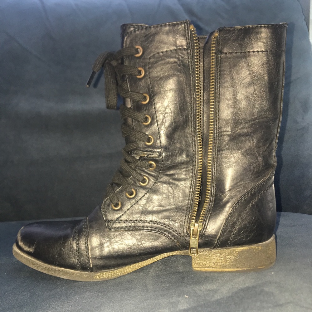 Black leather combat boots